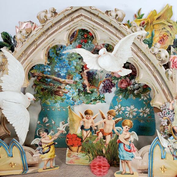 Victorian Antique Vintage Germany Diecut Fold Out Garden Scene Valentines Card - Picture 7 of 16